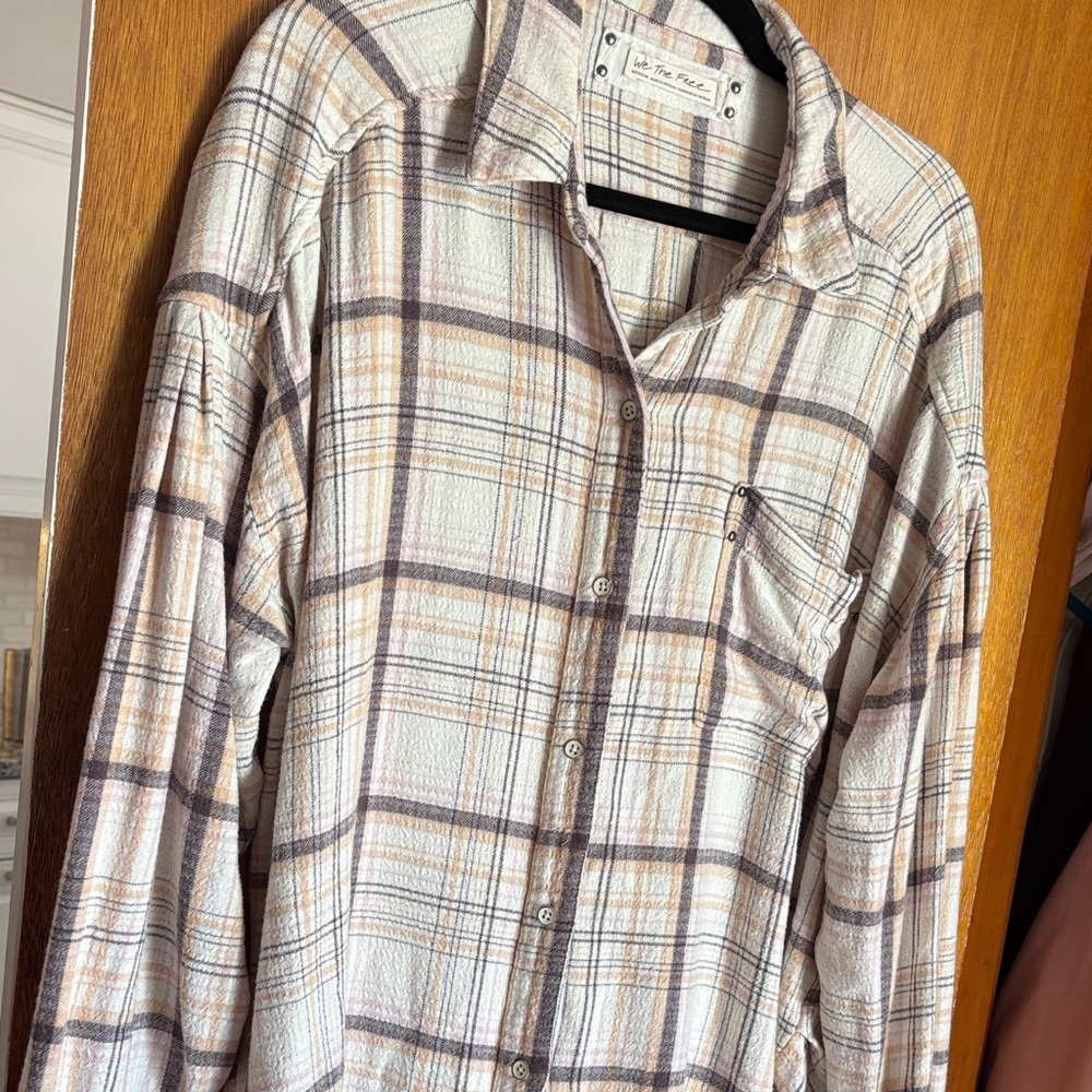 We The Free Cream and Brown Plaid Top